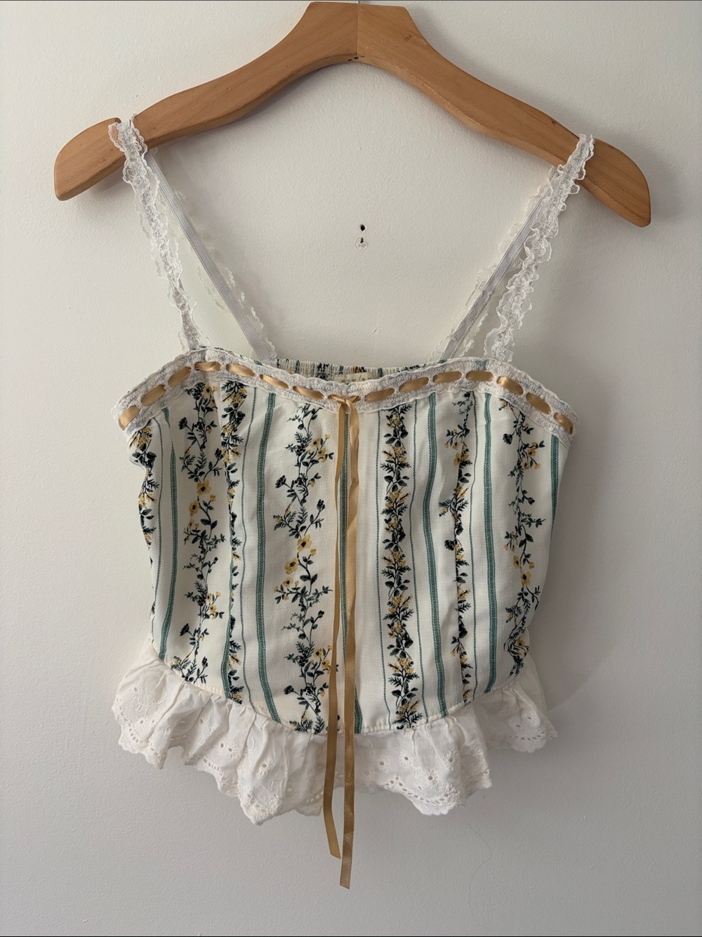 Thirty Thirty Floral Stripe Lace-Trim White Camisole Tank Top - Size Small